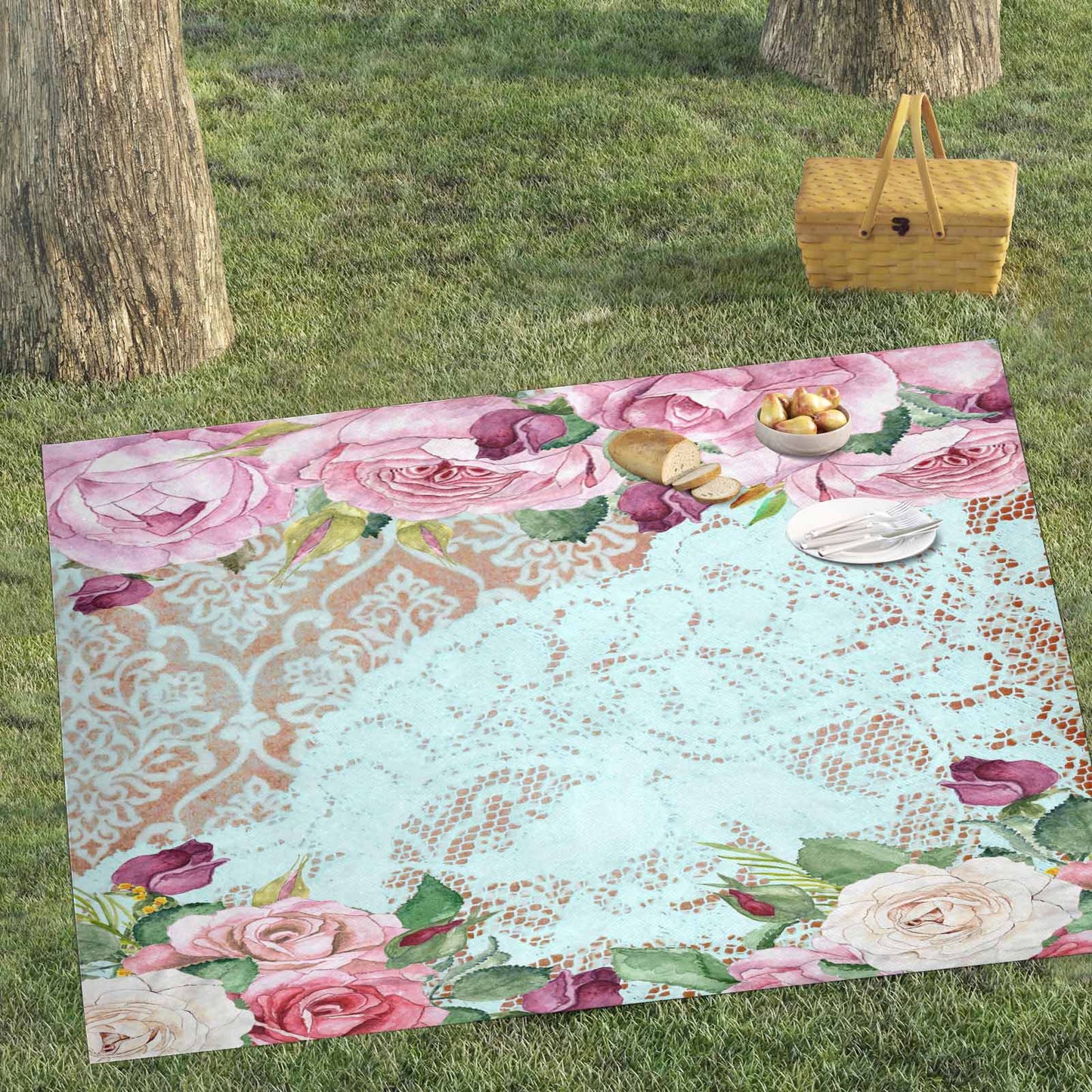 Victorian lace print waterproof picnic mat, 81 x 55in, design 24