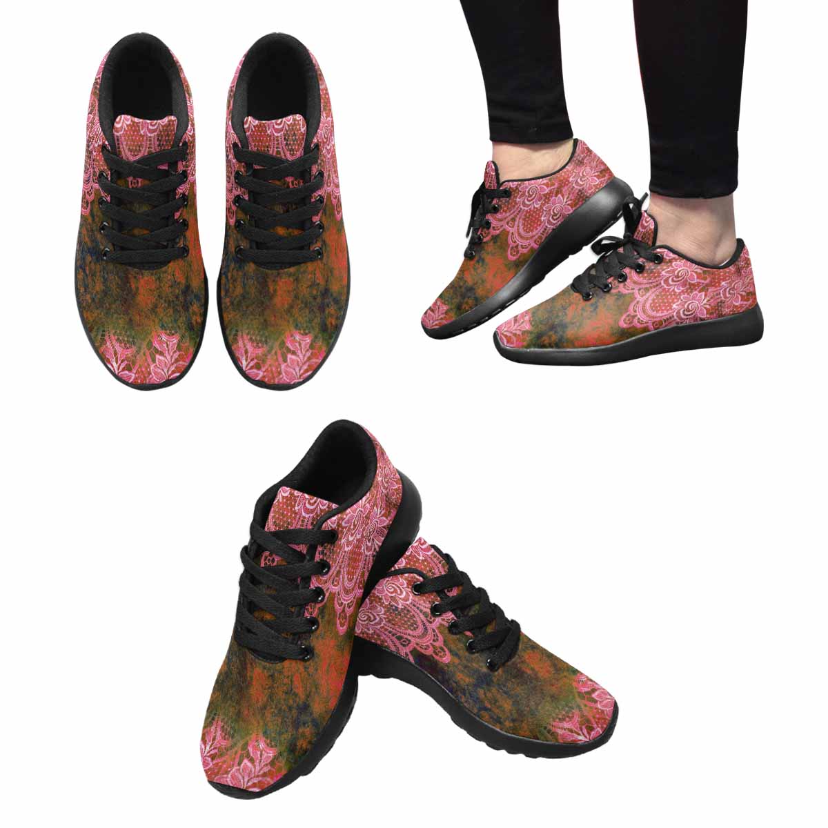 Victorian lace print, womens cute casual or running sneakers, design 32