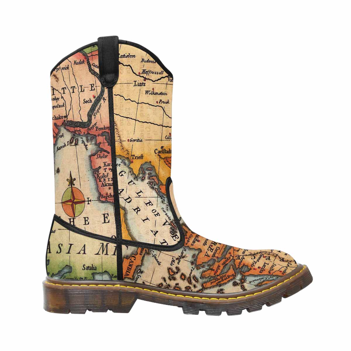 Antique Map design mens western lumber boots, Design 22