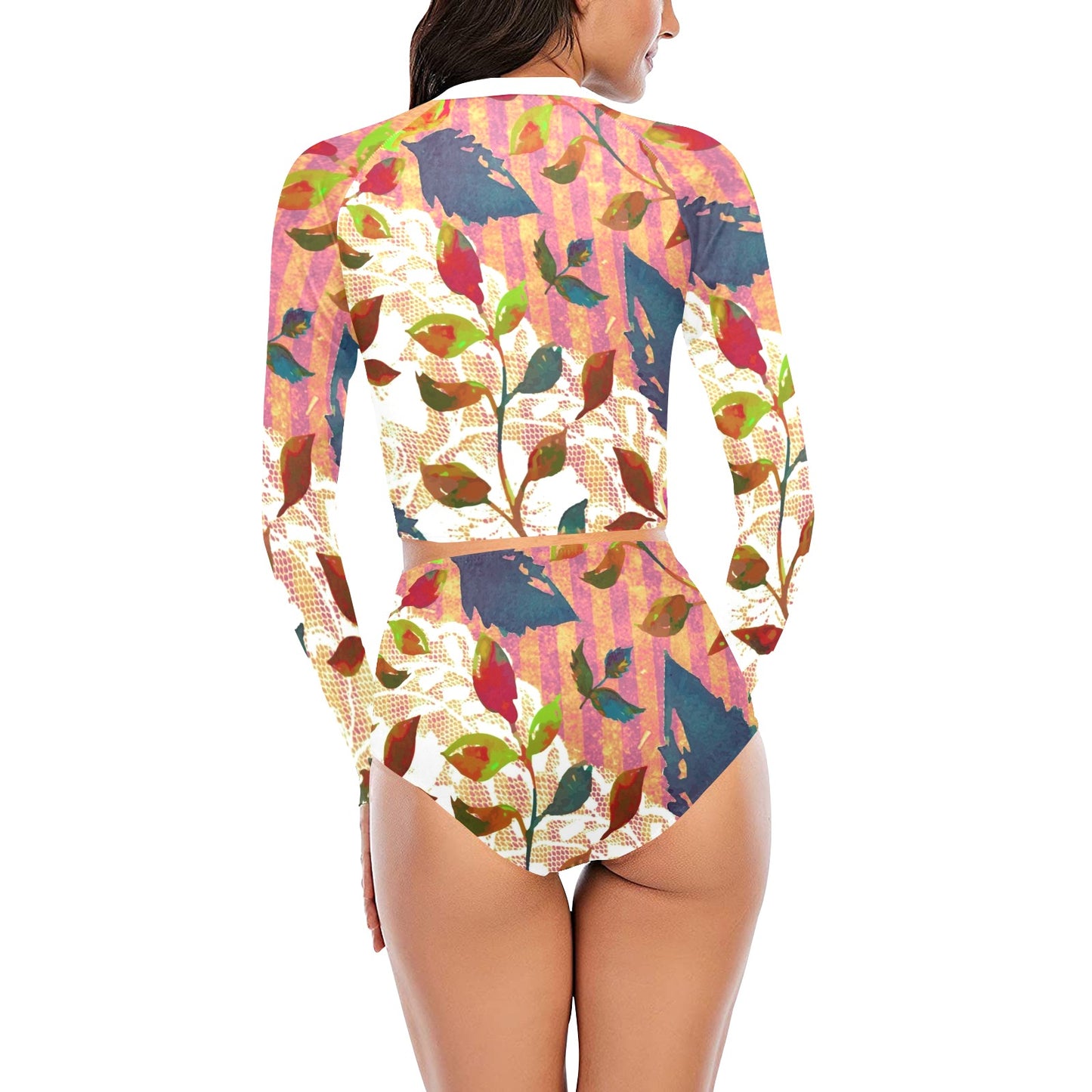 Victorian printed lace, long sleeve 2pc swimsuit, beachwear, design 22 Long Sleeve Bikini Set (Model S27)