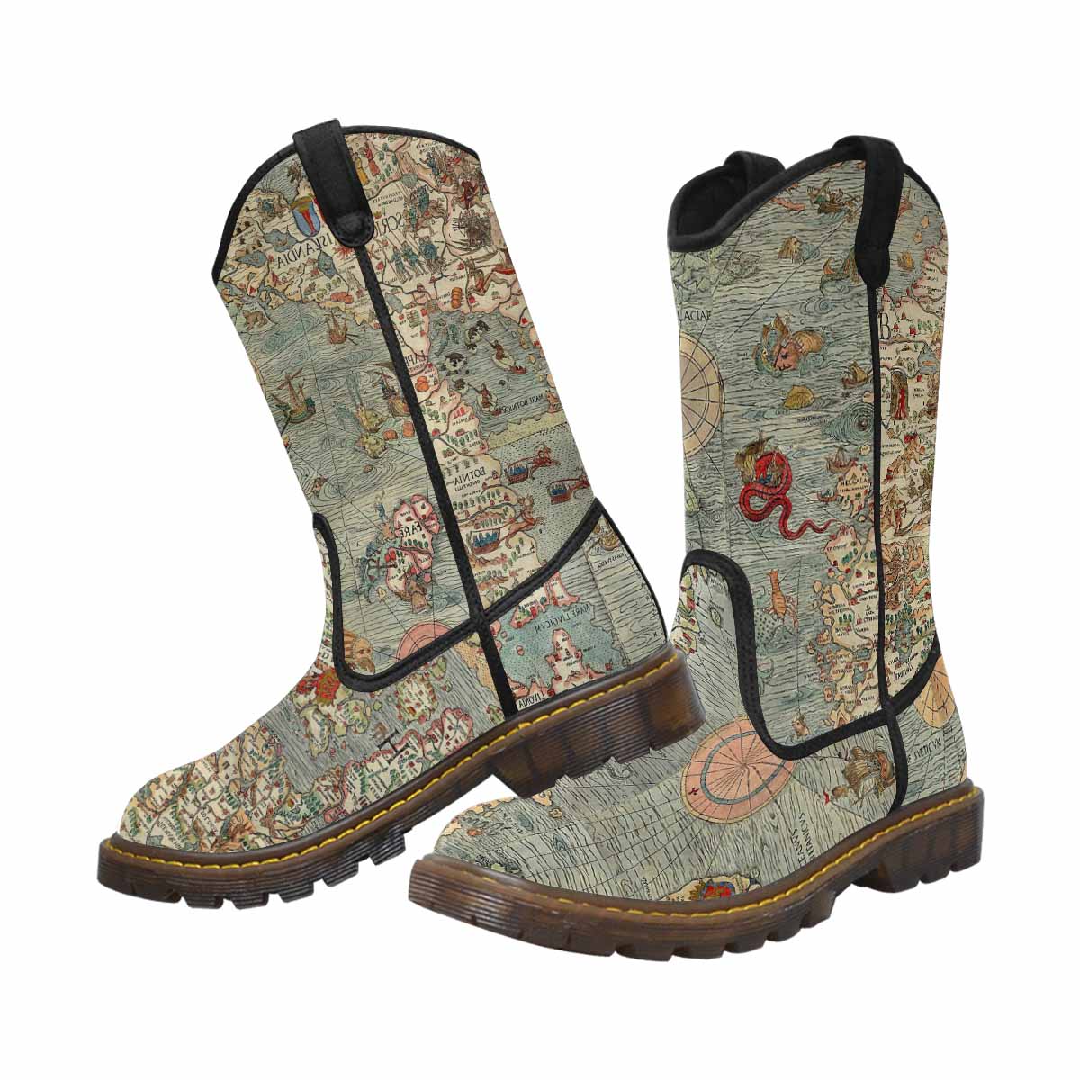 Antique Map design womens western lumber boots, Design 15