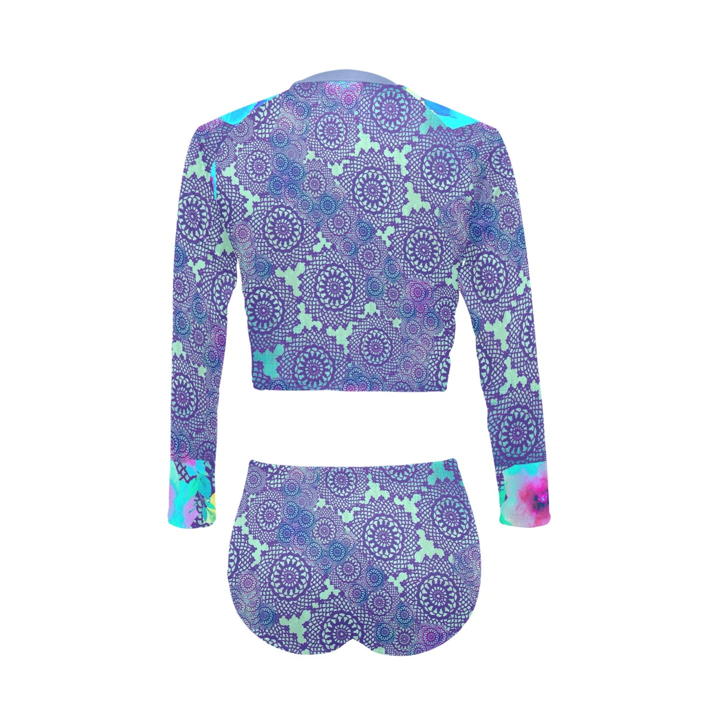 Victorian printed lace, long sleeve 2pc swimsuit, beachwear, design 14 Long Sleeve Bikini Set (Model S27)