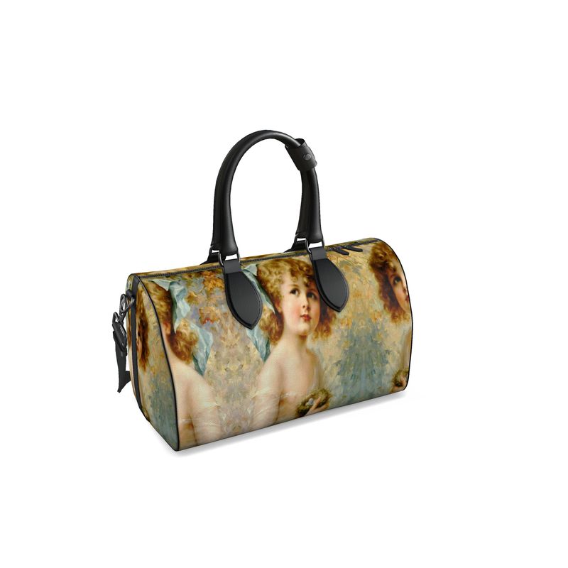 Victorian Girl design print, design Girl Holding a Nest,100% luxury leather Duffle Bag