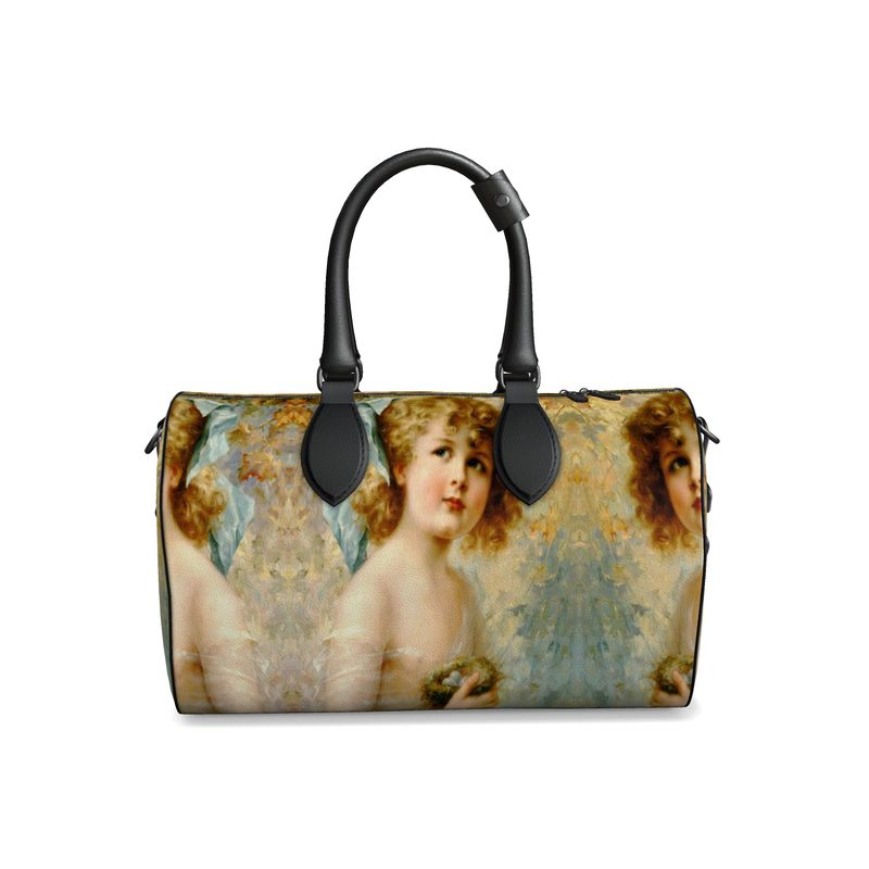 Victorian Girl design print, design Girl Holding a Nest,100% luxury leather Duffle Bag