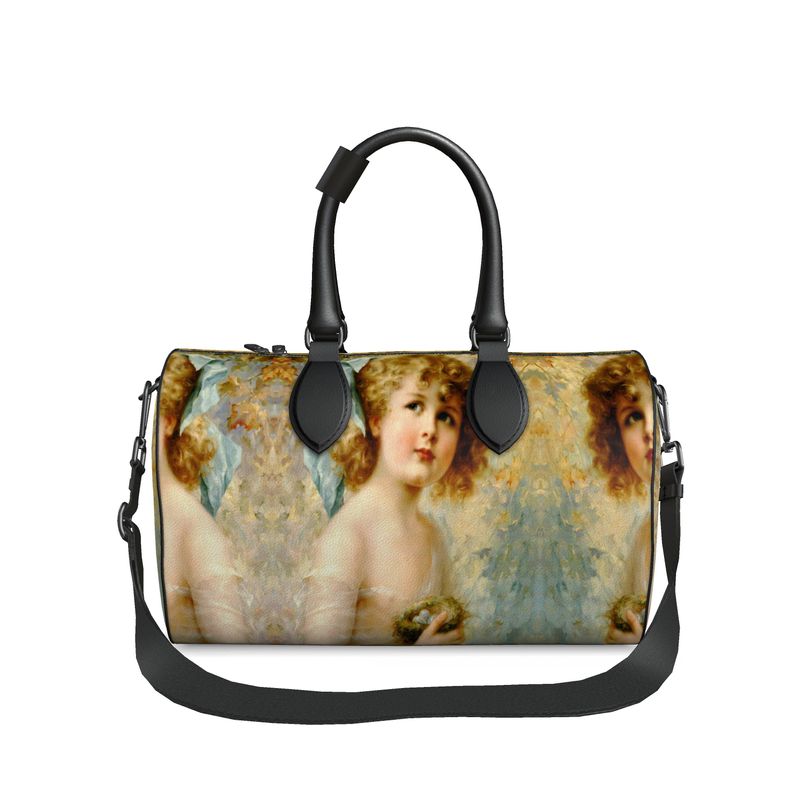 Victorian Girl design print, design Girl Holding a Nest,100% luxury leather Duffle Bag