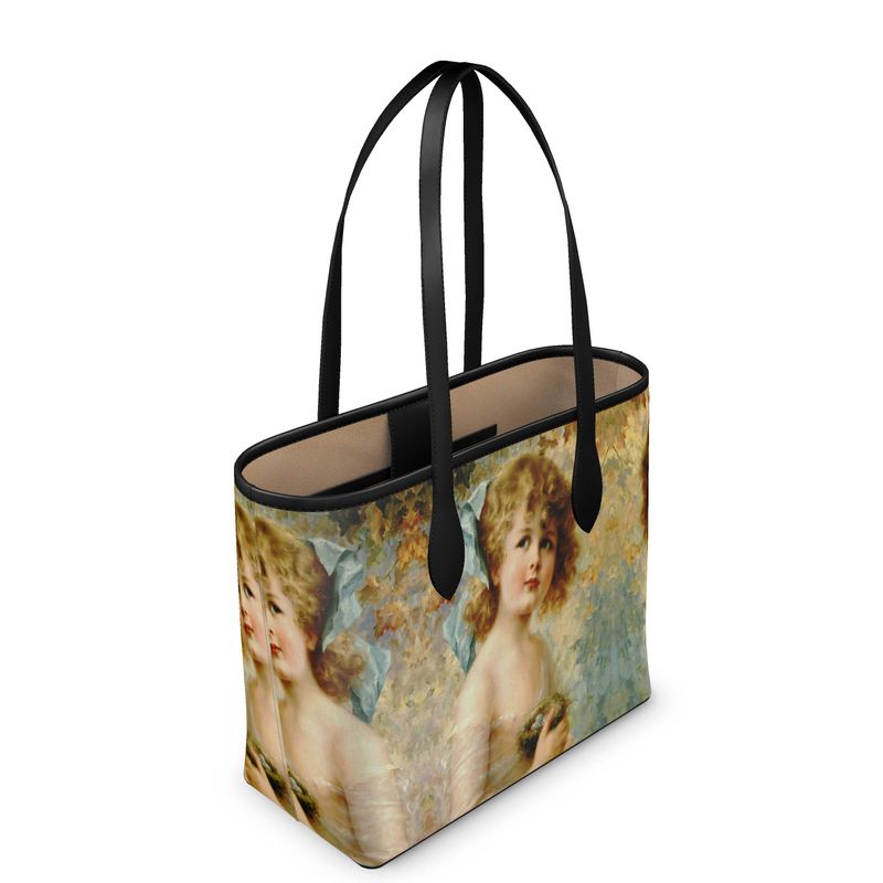 Victorian Girl design print, design Girl Holding a Nest,100% luxury Leather City Shopper tote bag