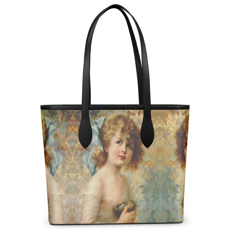 Victorian Girl design print, design Girl Holding a Nest,100% luxury Leather City Shopper tote bag