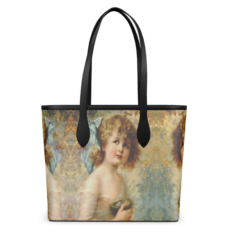 Victorian Girl design print, design Girl Holding a Nest,100% luxury Leather City Shopper tote bag