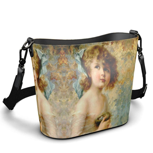 Victorian Girl design print, design Girl Holding a Nest, Large luxury Leather Bucket Tote, handbag