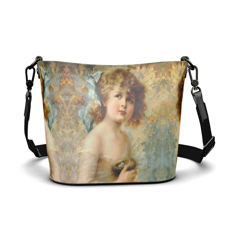 Victorian Girl design print, design Girl Holding a Nest, Large luxury Leather Bucket Tote, handbag