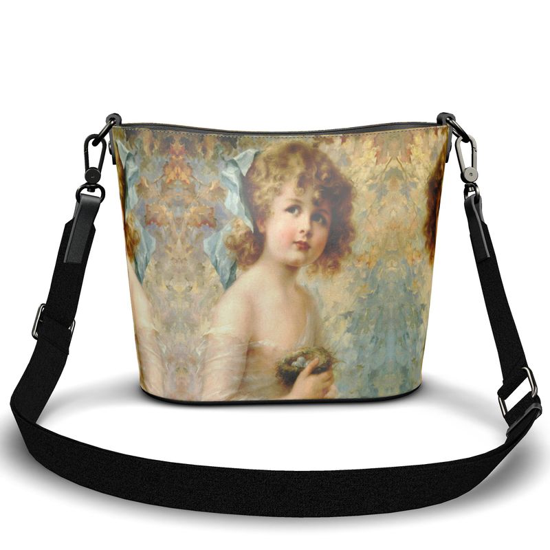 Victorian Girl design print, design Girl Holding a Nest, Large luxury Leather Bucket Tote, handbag