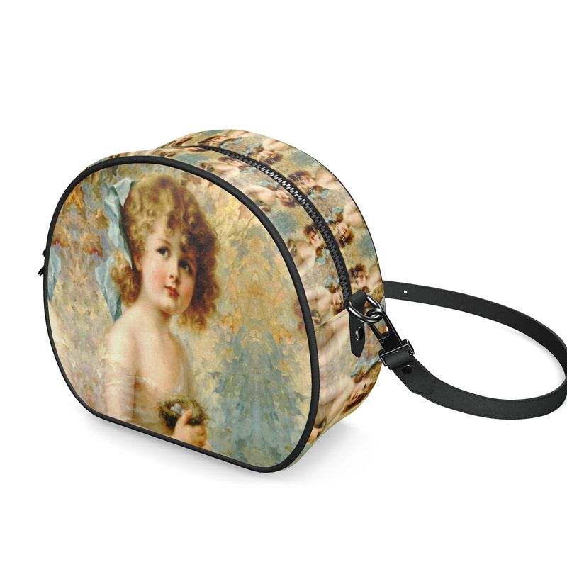 Victorian Girl design print, design Girl Holding a Nest, 100% luxury leather Round Box Bag