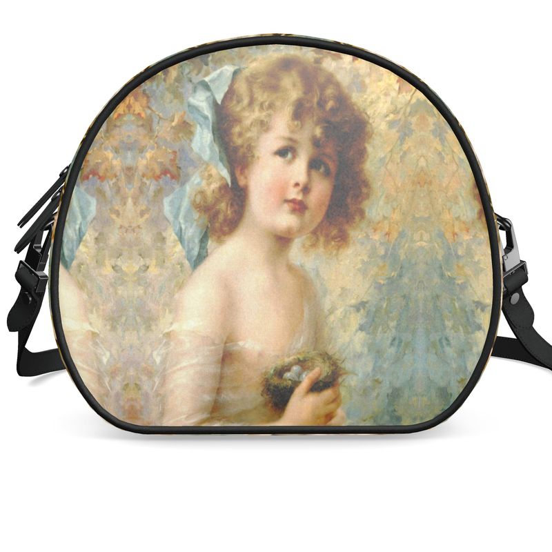 Victorian Girl design print, design Girl Holding a Nest, 100% luxury leather Round Box Bag