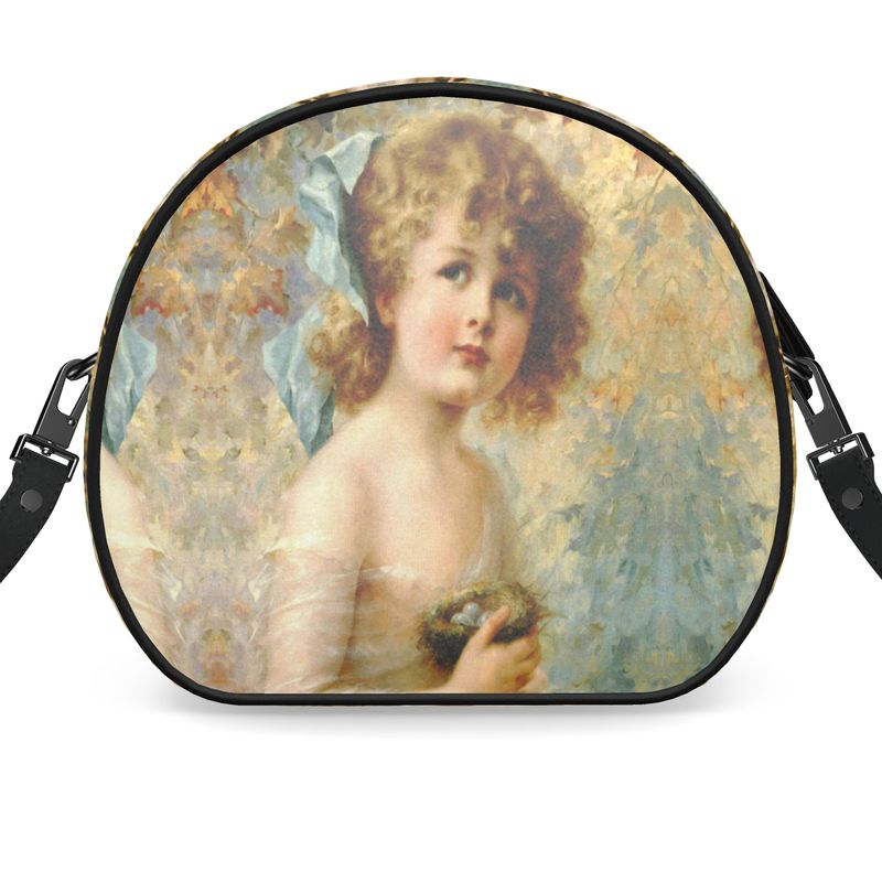 Victorian Girl design print, design Girl Holding a Nest, 100% luxury leather Round Box Bag