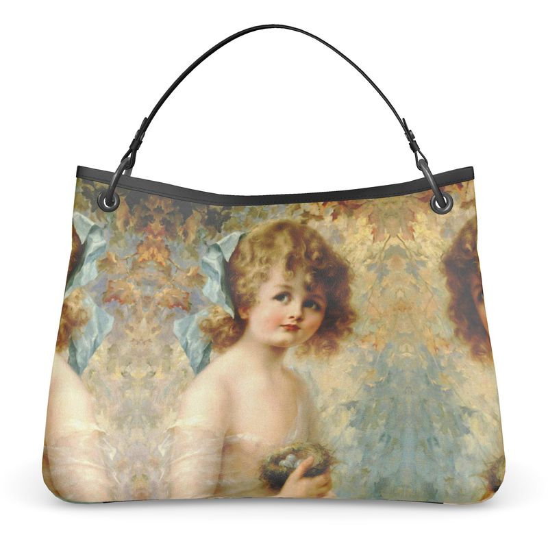 Victorian Girl design print, design Girl Holding a Nest, 100% luxury leather Talbot Slouch Bag