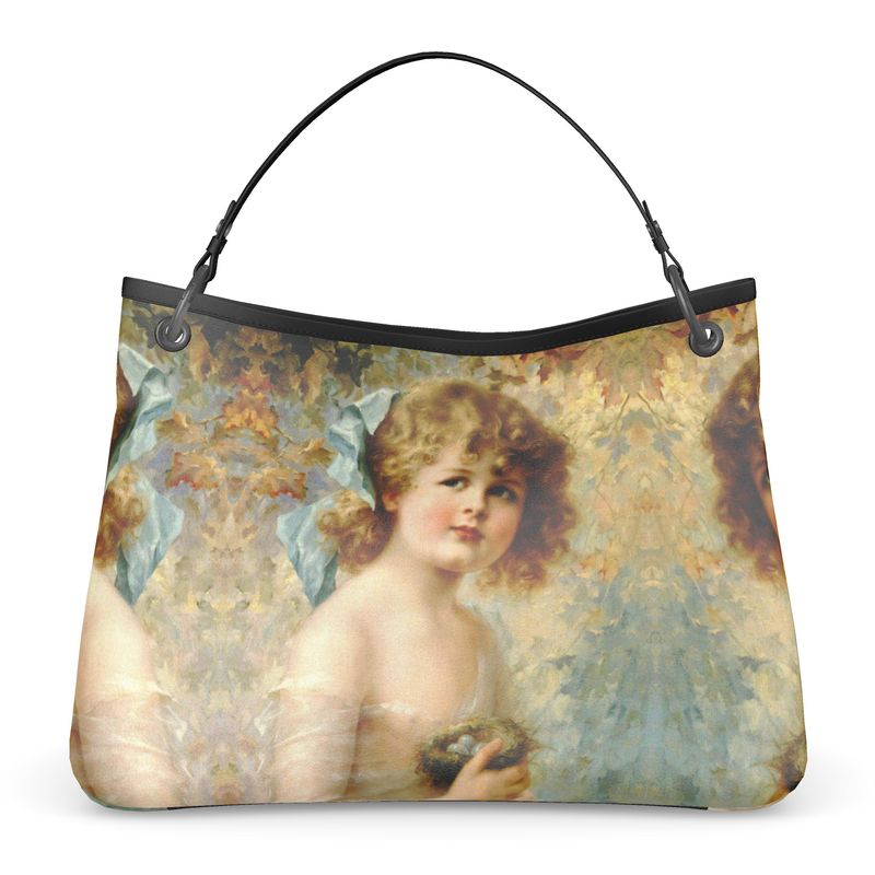 Victorian Girl design print, design Girl Holding a Nest, 100% luxury leather Talbot Slouch Bag