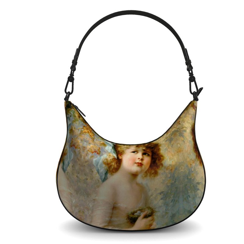 Victorian Girl design print, design Girl Holding a Nest, 100% leather Curve Hobo Bag