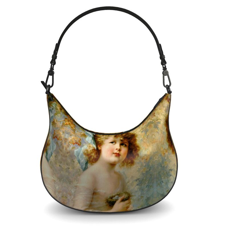 Victorian Girl design print, design Girl Holding a Nest, 100% leather Curve Hobo Bag