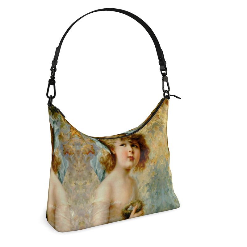 Victorian Girl design print, design Girl Holding a Nest, 100% luxury leather Square Hobo handbagBag