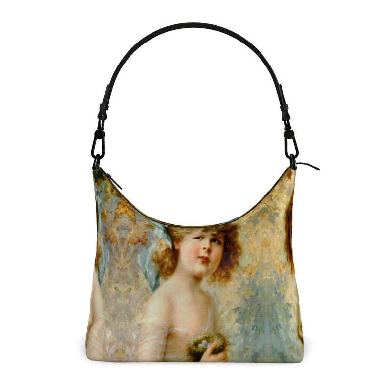 Victorian Girl design print, design Girl Holding a Nest, 100% luxury leather Square Hobo handbagBag