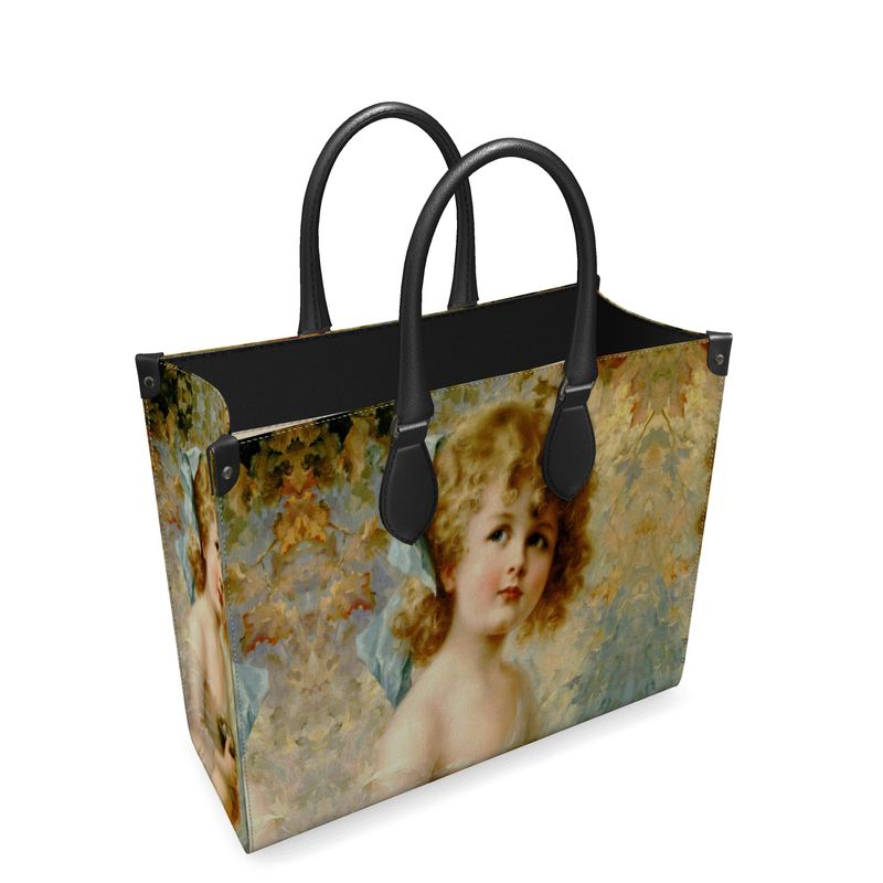 Victorian Girl design print, design Girl Holding a Nest, 100% luxury Leather Shopper Bag