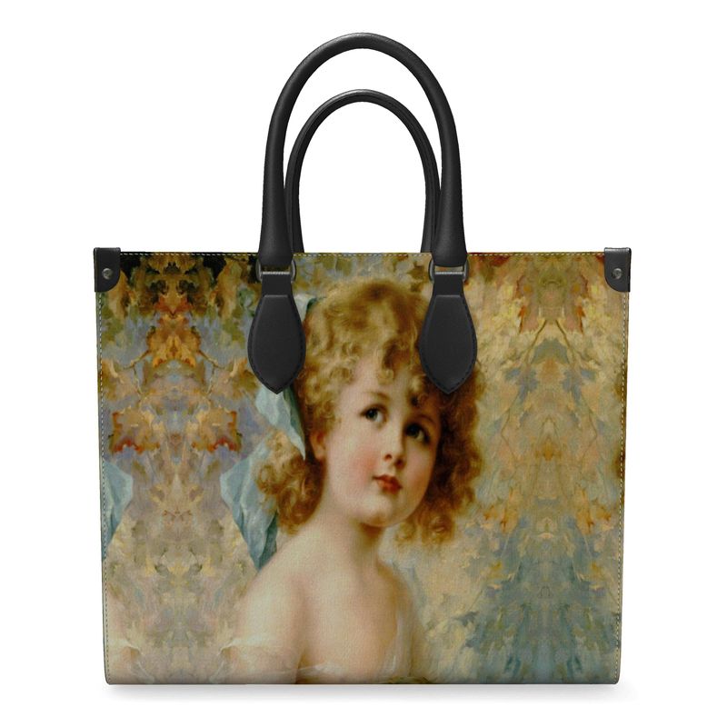 Victorian Girl design print, design Girl Holding a Nest, 100% luxury Leather Shopper Bag