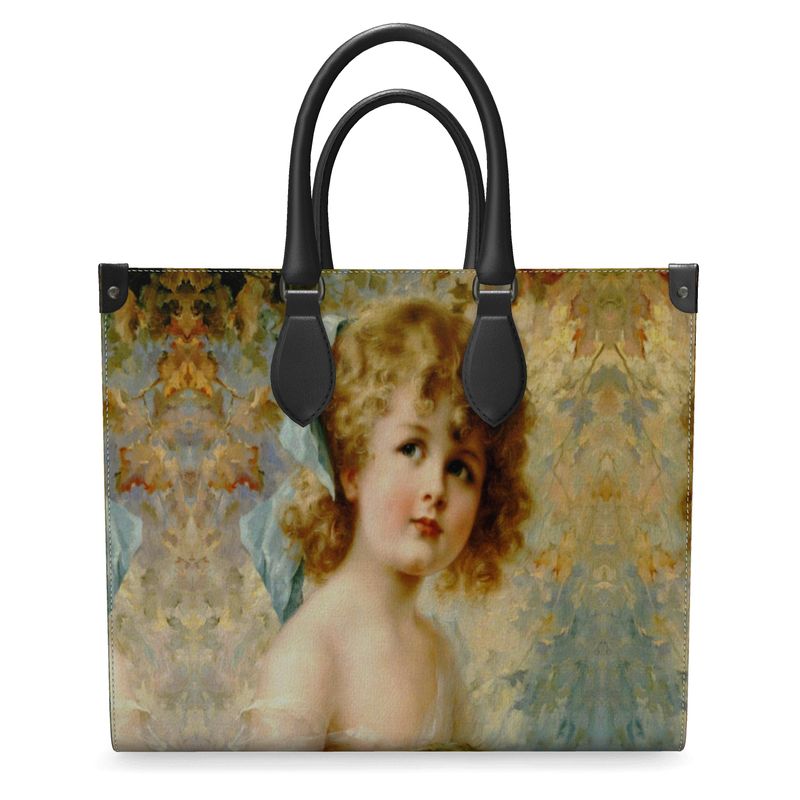 Victorian Girl design print, design Girl Holding a Nest, 100% luxury Leather Shopper Bag