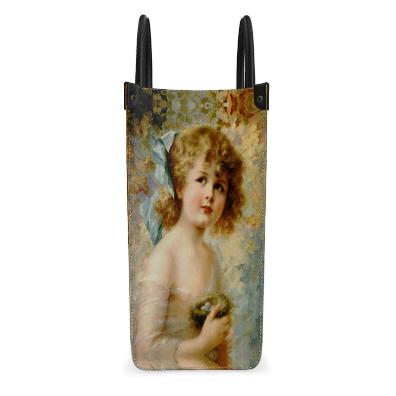 Victorian Girl design print, design Girl Holding a Nest, 100% luxury Leather Shopper Bag