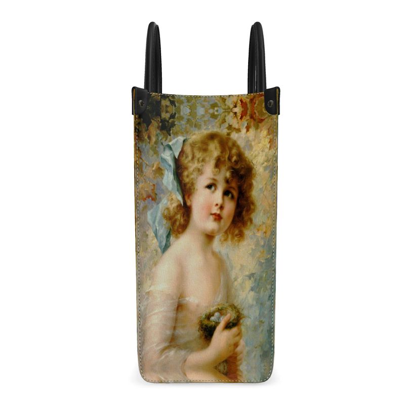 Victorian Girl design print, design Girl Holding a Nest, 100% luxury Leather Shopper Bag