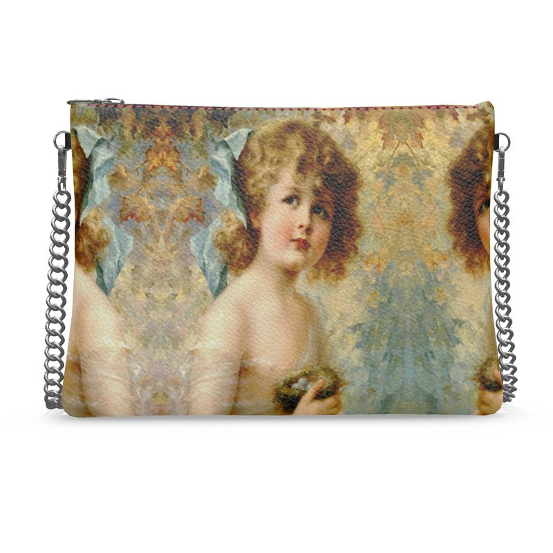 Victorian Girl design print, design Girl Holding a Nest, 100% luxury leather Crossbody Bag With Chain