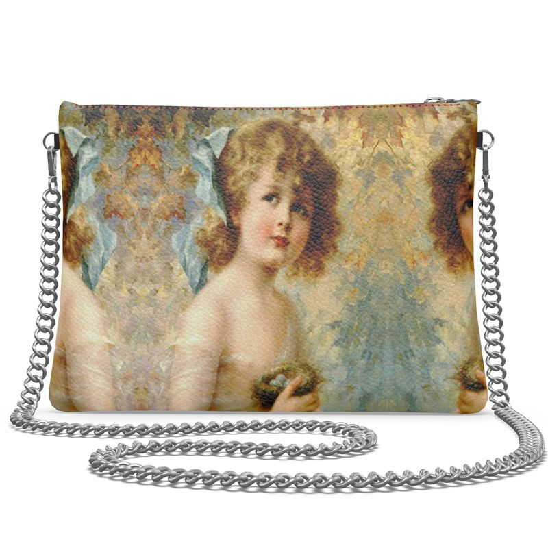 Victorian Girl design print, design Girl Holding a Nest, 100% luxury leather Crossbody Bag With Chain