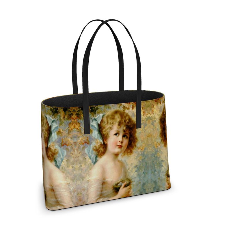 Victorian Girl design print, design Girl Holding a Nest, 100% luxury leather Kika Tote