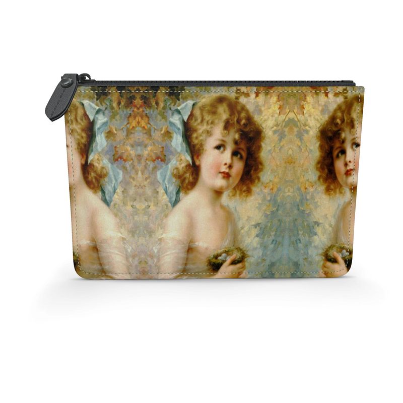 Victorian Girl design print, design Girl Holding a Nest, 100% luxury Leather Pouch