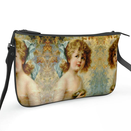 Victorian Girl design print, design Girl Holding a Nest, 100% luxury leather Double Zip Bag