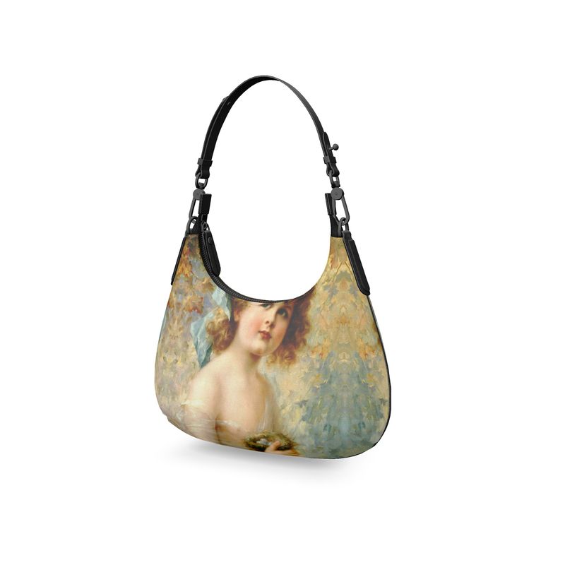 Victorian Girl design print, design Girl Holding a Nest, 100% luxury leather Mini Curve Bag