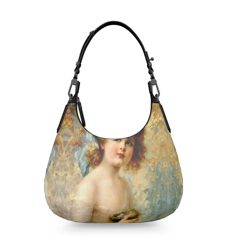 Victorian Girl design print, design Girl Holding a Nest, 100% luxury leather Mini Curve Bag