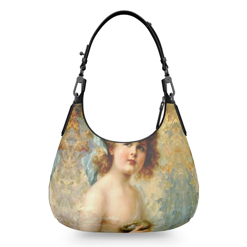 Victorian Girl design print, design Girl Holding a Nest, 100% luxury leather Mini Curve Bag