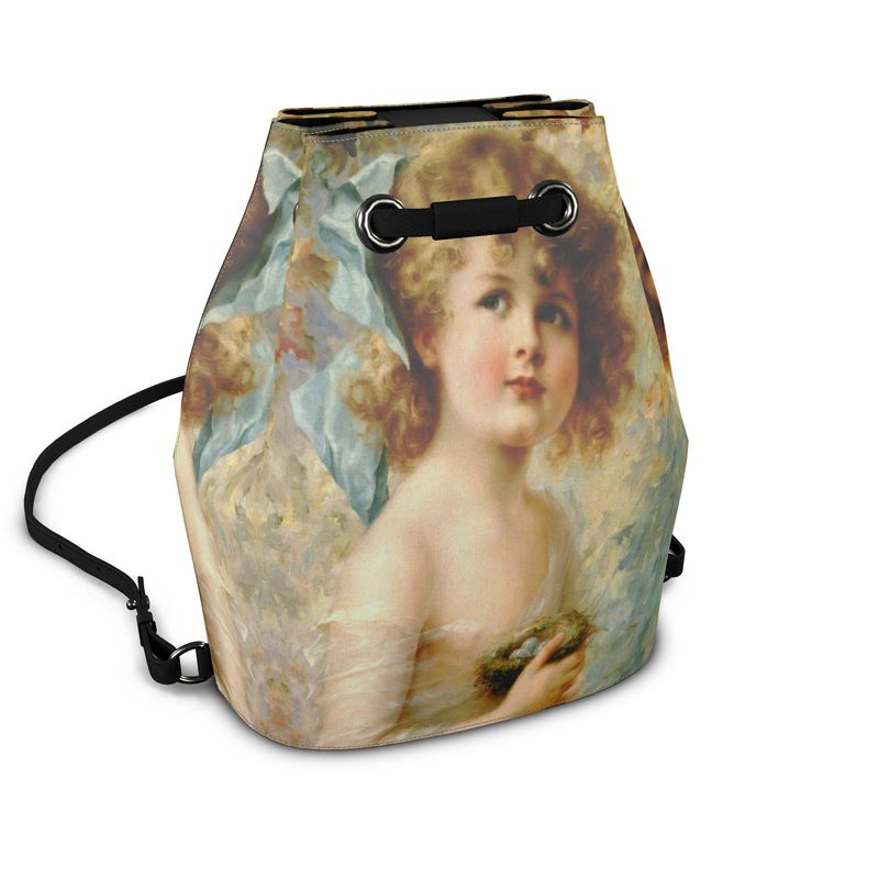 Victorian Girl design print, design Girl Holding a Nest, 100% luxury leather Bucket drawstring Backpack