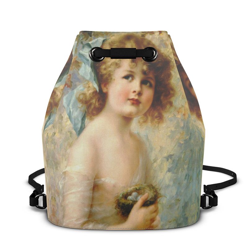 Victorian Girl design print, design Girl Holding a Nest, 100% luxury leather Bucket drawstring Backpack