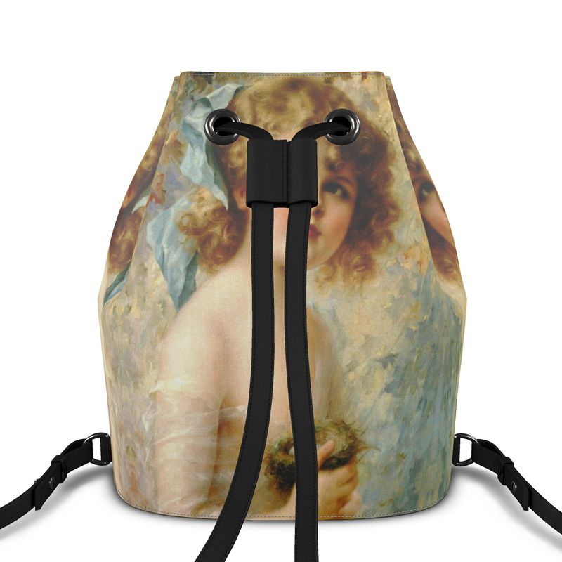 Victorian Girl design print, design Girl Holding a Nest, 100% luxury leather Bucket drawstring Backpack