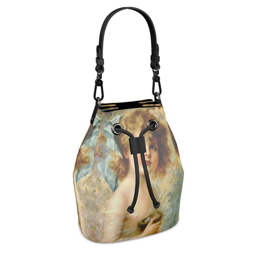 Victorian Girl design print, design Girl Holding a Nest, 100% luxury leather Bucket Bag