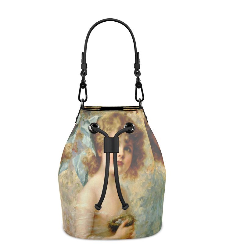 Victorian Girl design print, design Girl Holding a Nest, 100% luxury leather Bucket Bag