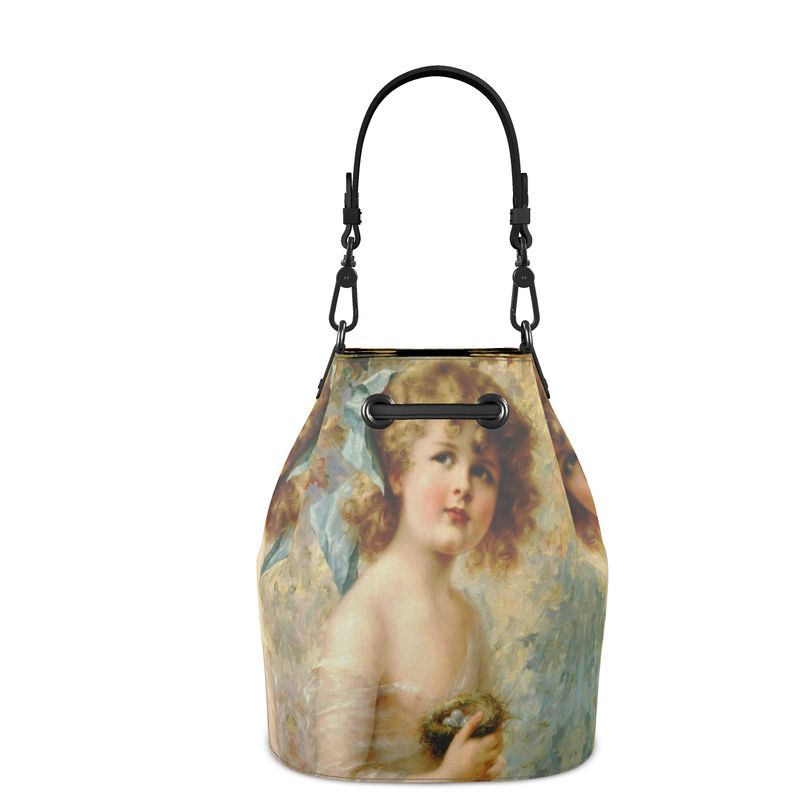 Victorian Girl design print, design Girl Holding a Nest, 100% luxury leather Bucket Bag