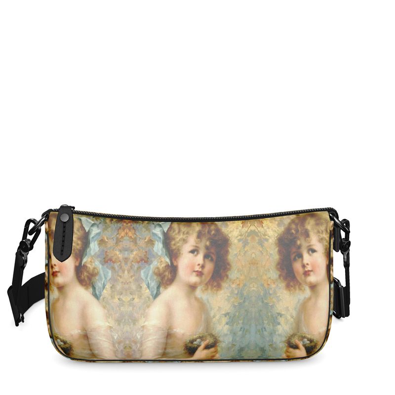 Victorian lady design, girl holding a nest, 100% luxury leather Baguette Bag