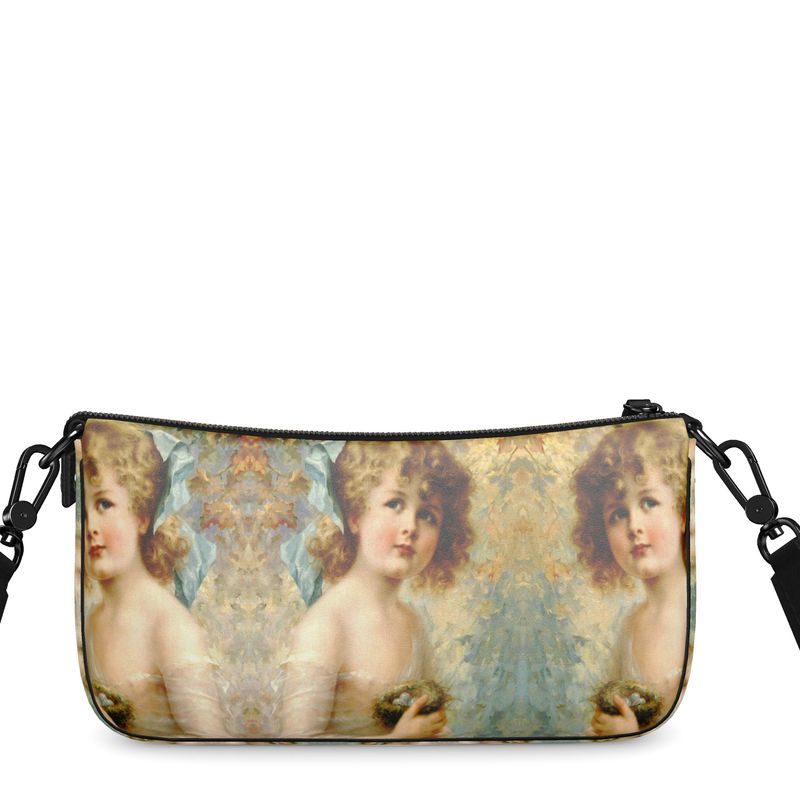 Victorian lady design, girl holding a nest, 100% luxury leather Baguette Bag