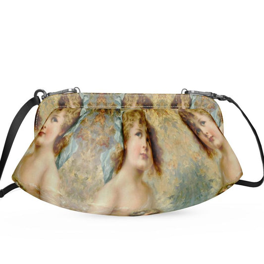 Victorian Girl design print, design Girl Holding a Nest, 100% luxury leather Pleated Soft Frame Bag