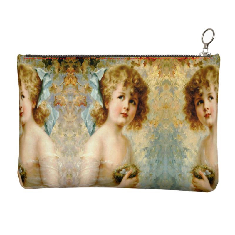 Victorian Girl design print, design Girl Holding a Nest, 100% luxury leather Clutch Bag