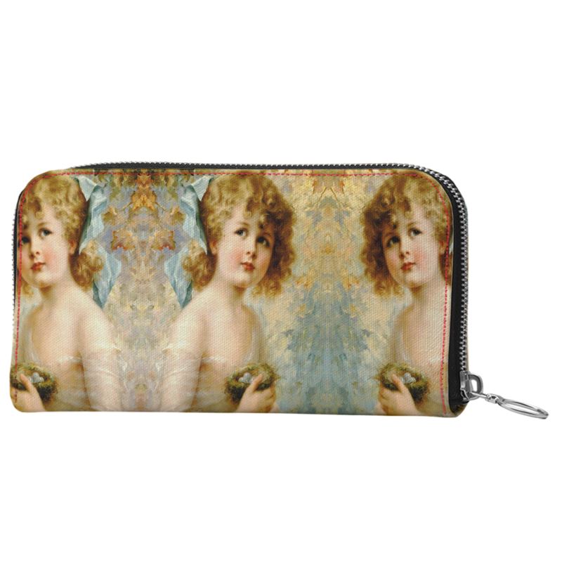 Victorian Girl design print, design Girl Holding a Nest, 100% luxury Leather Zip Wallet