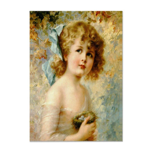 Victorian Girl design print, design Girl Holding a Nest, 100% Prints on luxury Leather Scroll