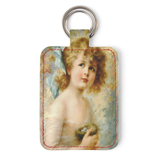 Victorian Girl design print, design Girl Holding a Nest, 100% luxury Leather Keyring